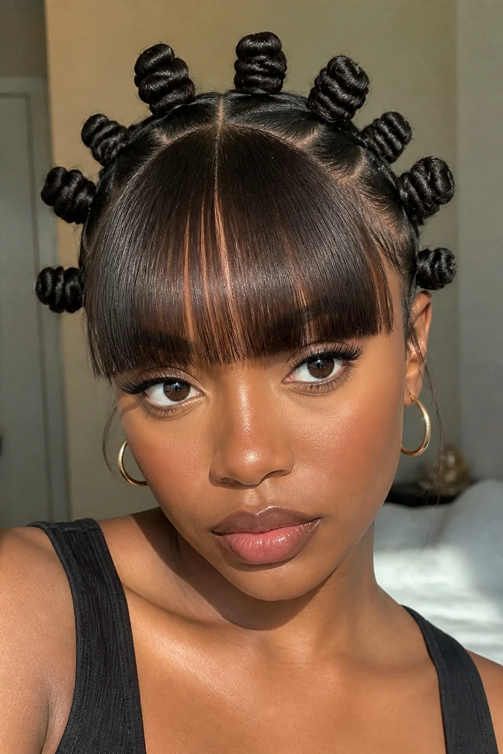 Center-part Bantu knots close-up portrait with blunt fringe and neatly formed knots