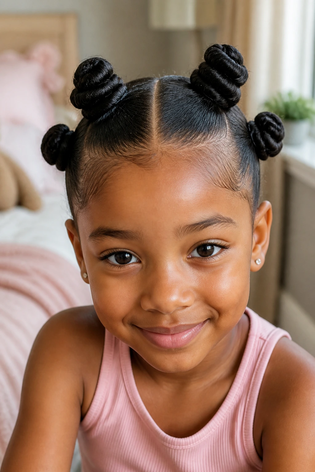 Close-up of a child’s head with a center-part and two bantu knots, kid-friendly hairstyle