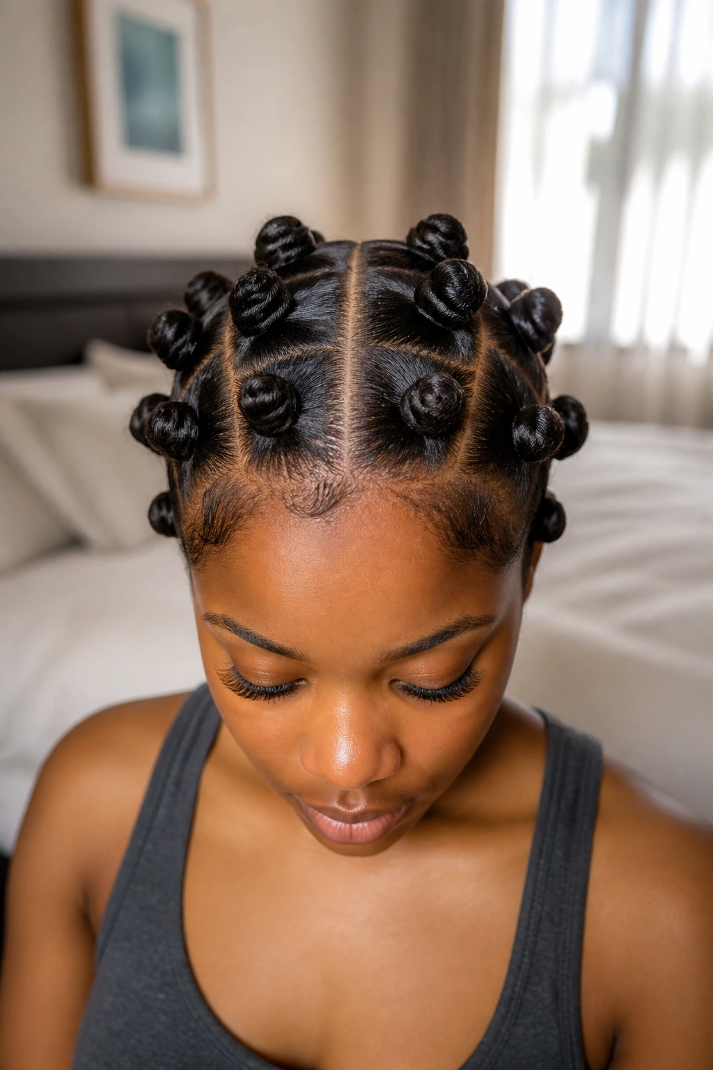 Close-up of a real woman with a clean center-part Bantu knot hairstyle on relaxed hair