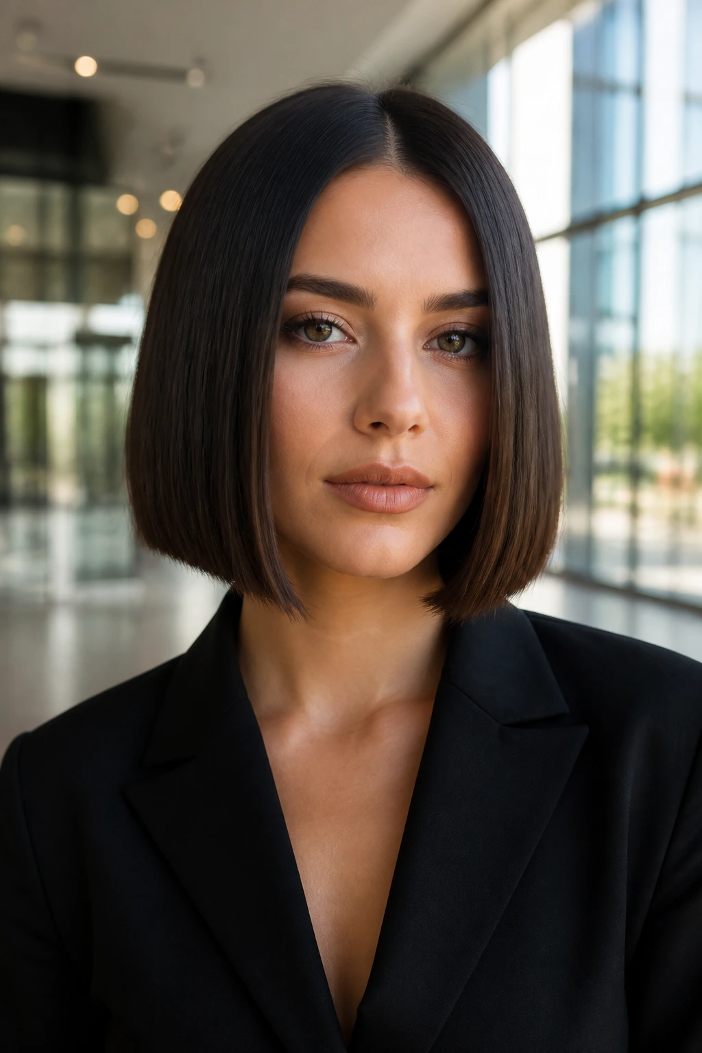 Portrait of a woman with a blunt center-part bob in a bright lobby.