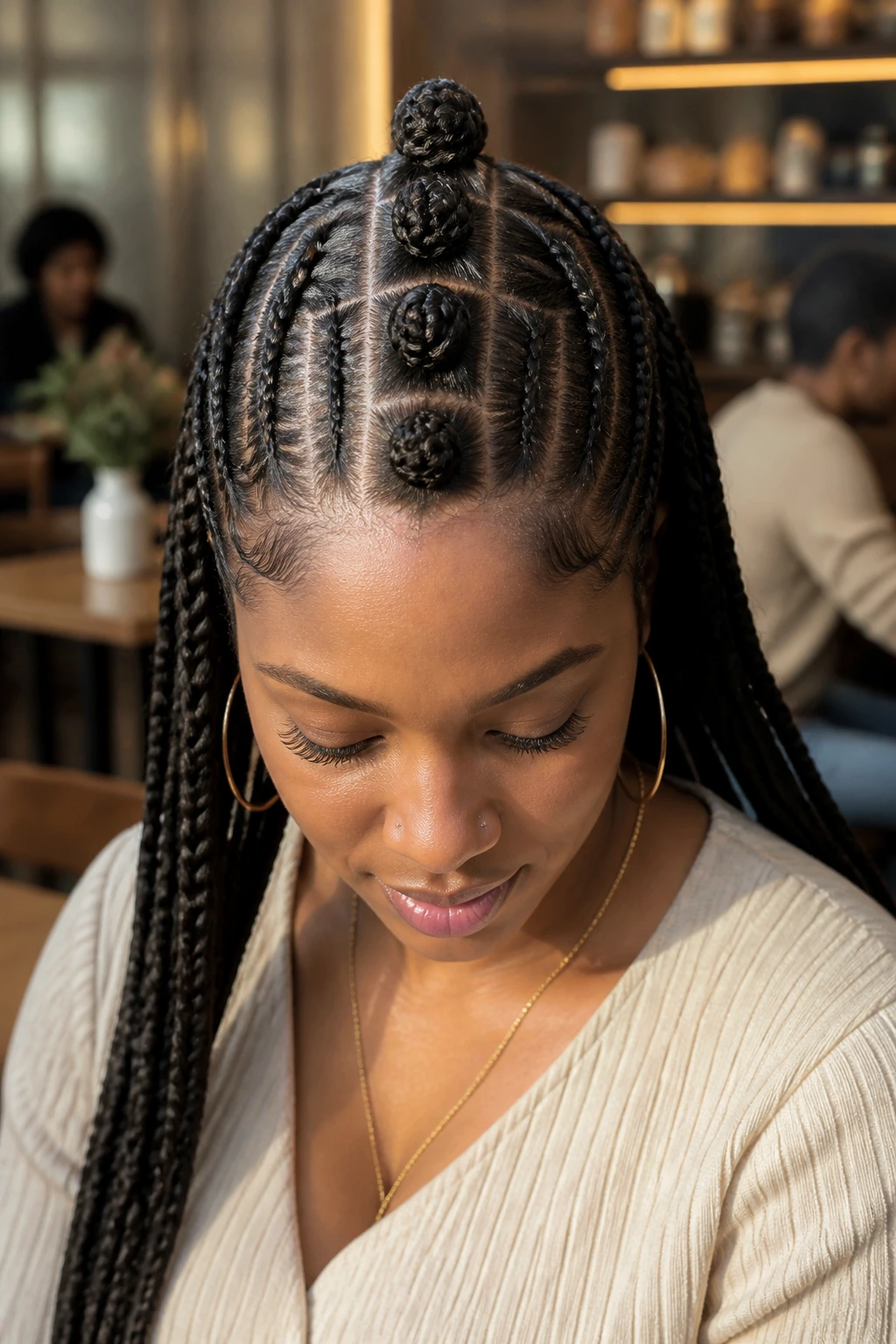 Real person with center-part braids and four rounded knots.
