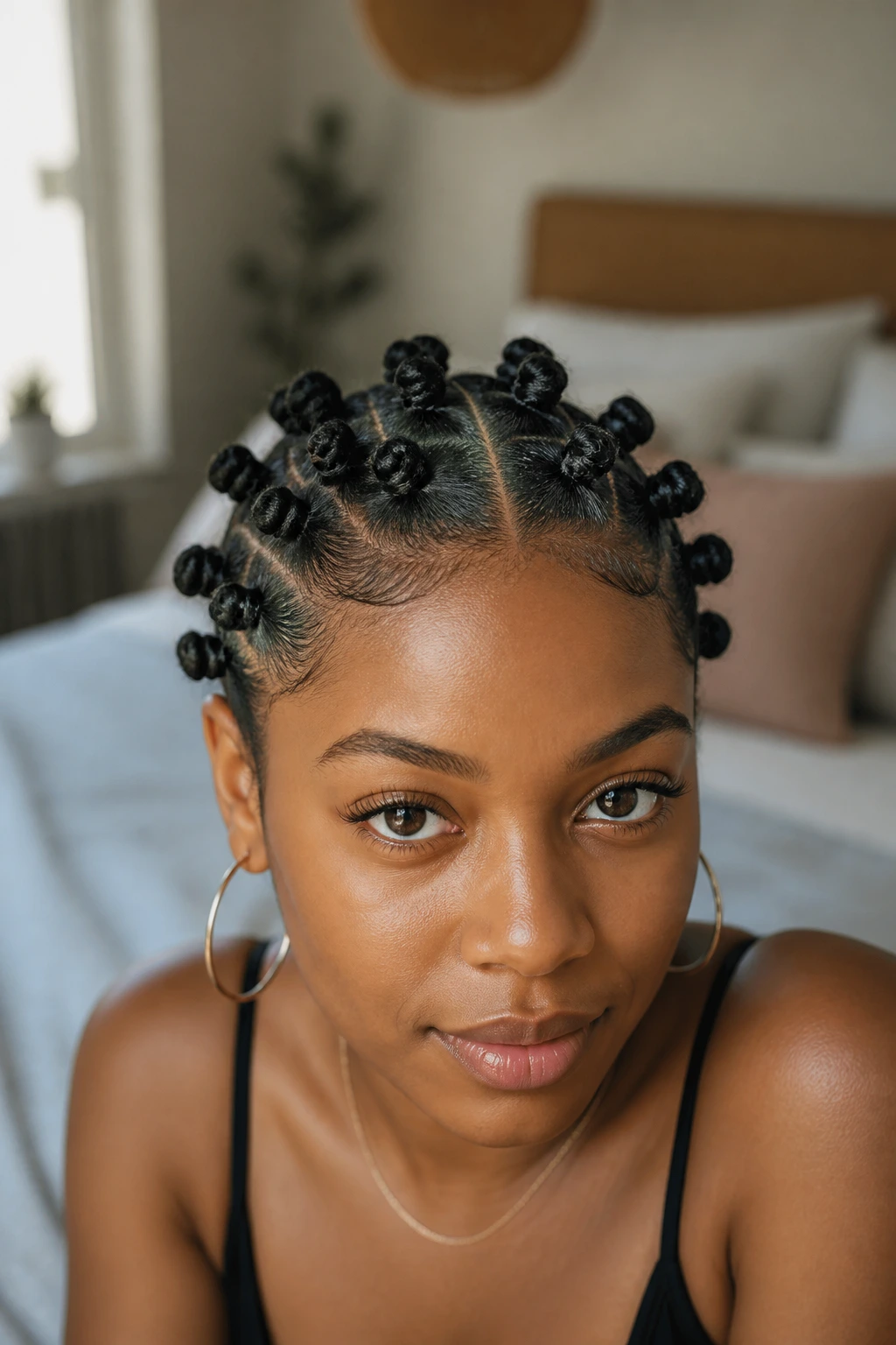 Close-up portrait of a real woman with mini center-part crochet Bantu knots along the scalp.