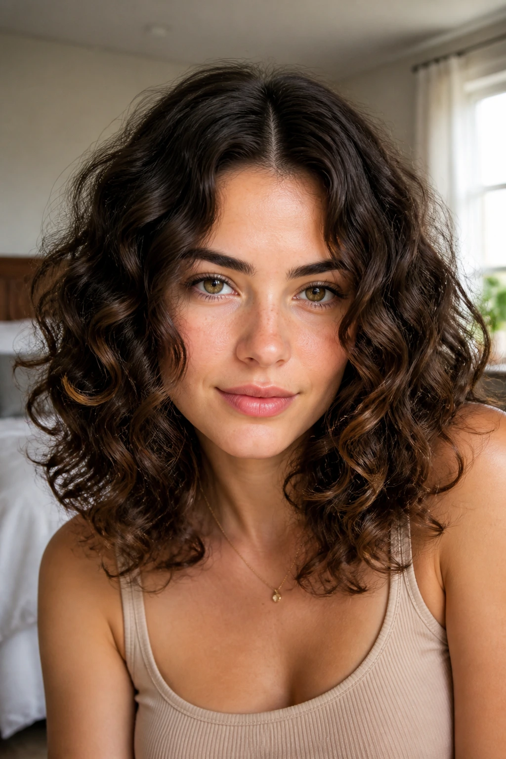 Close-up portrait of a real woman with center-part loose curls.