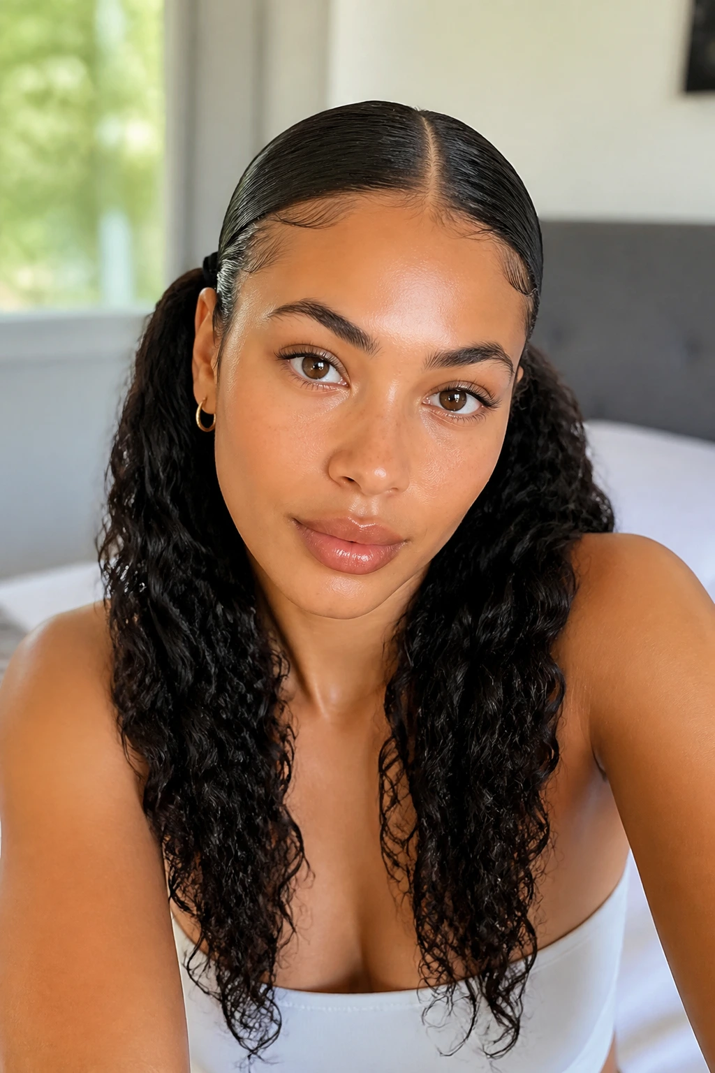 Close-up of a real woman with center-parted sleek curly pigtails