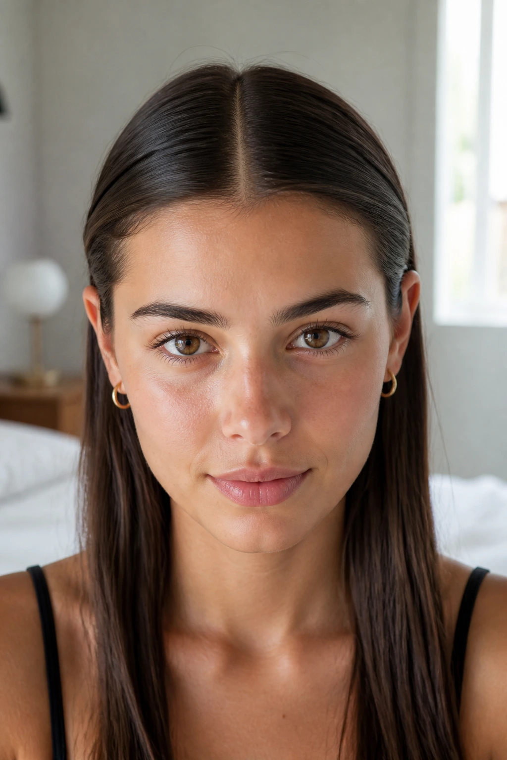 Close-up of a woman with a center part and tucked sides