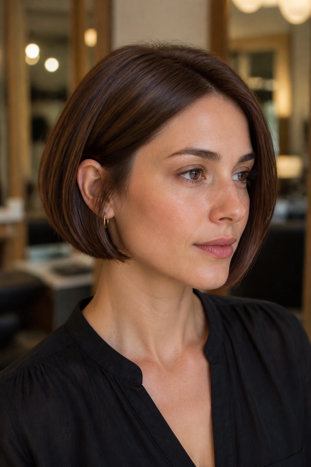 Close-up of real woman with chestnut micro bob in warm salon lighting
