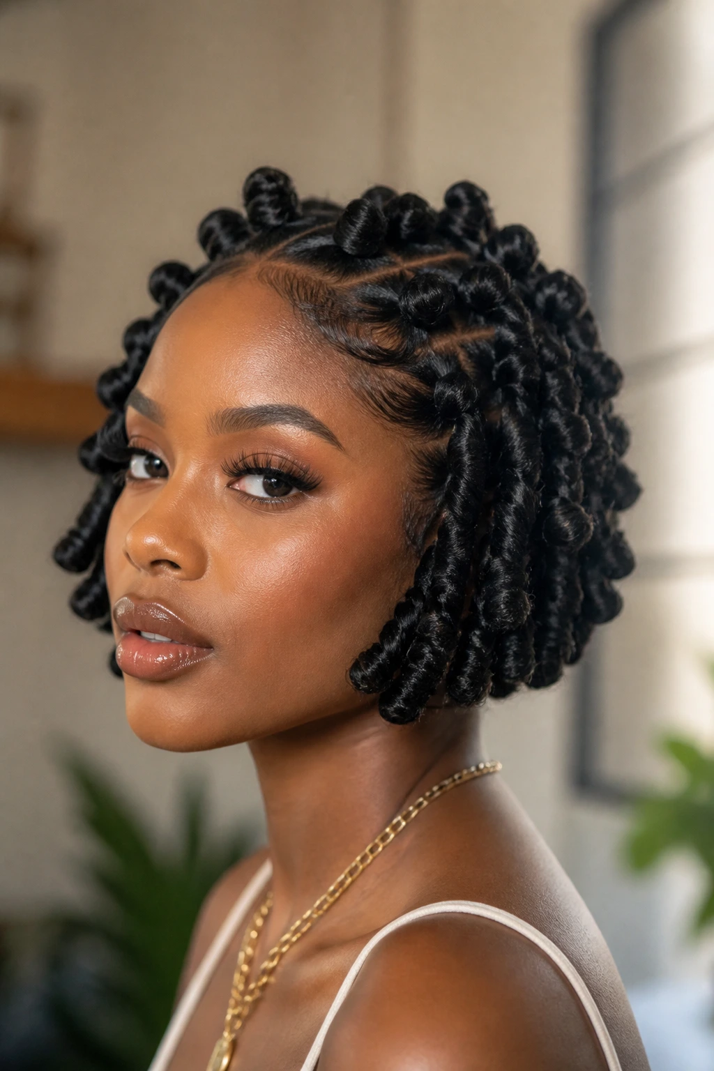 Close-up of chin-length tucked Bantu knot bob on a real person