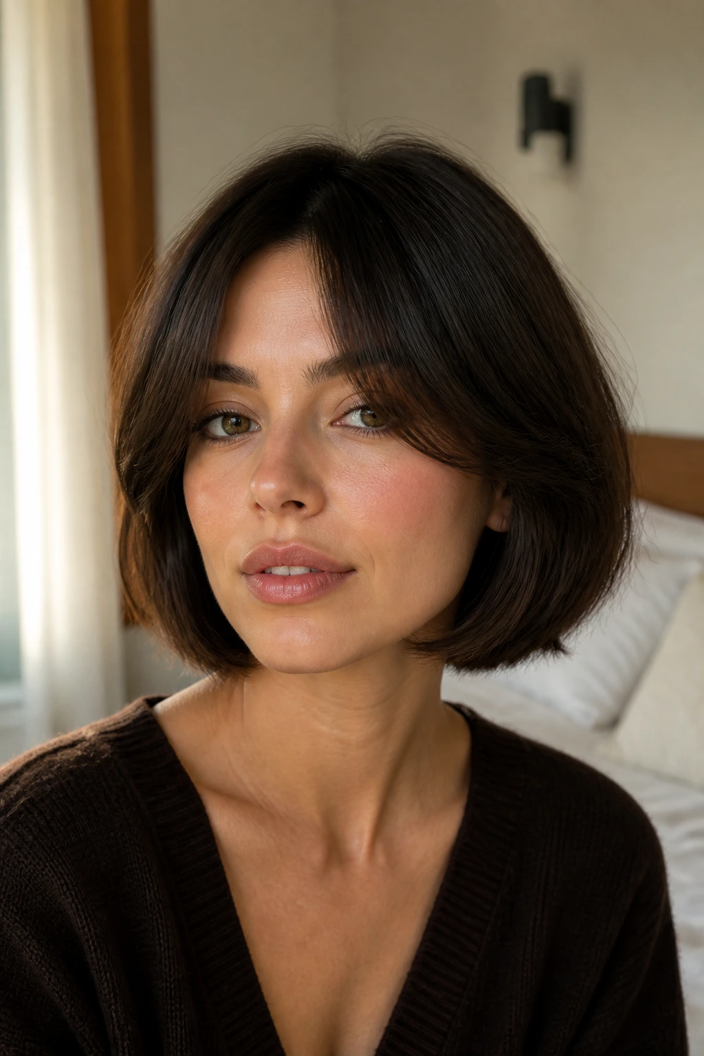 Close-up portrait of a real woman with chin-length bob and curtain bangs in warm window light