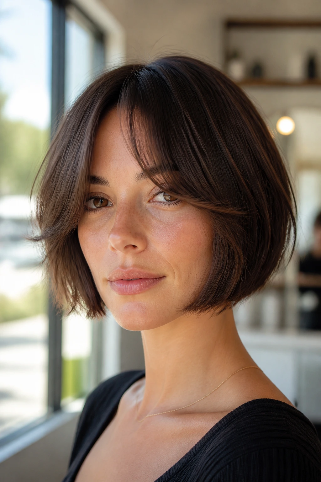 Close-up of a real woman with chin-length razor bob and curtain bangs in warm salon light
