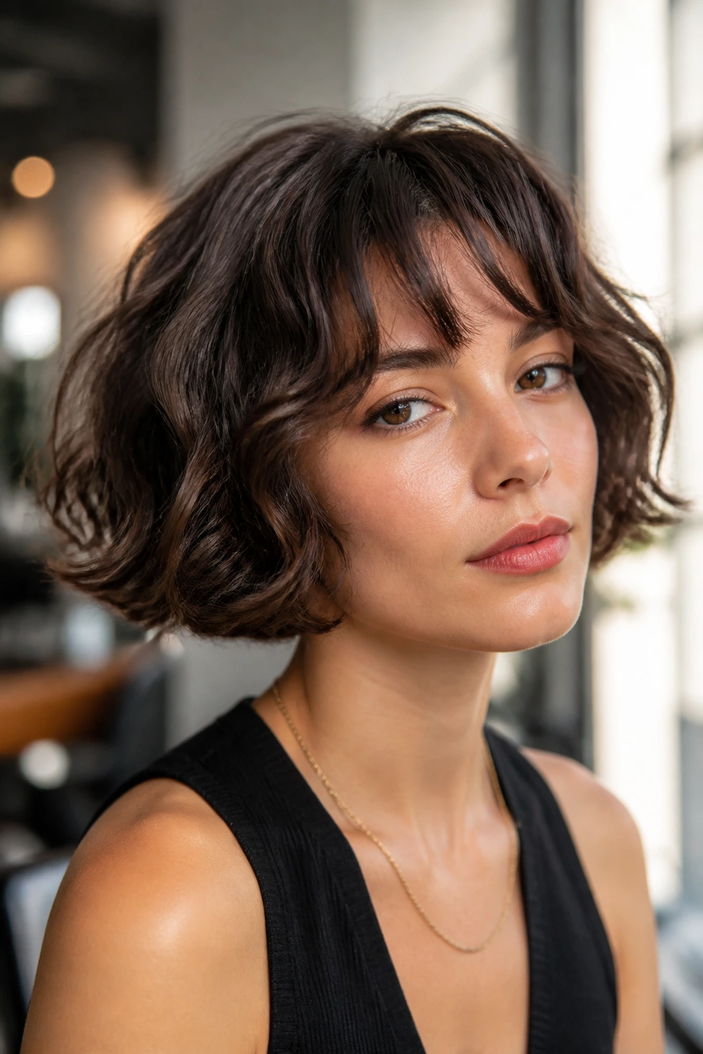 Close-up portrait of a real woman with a chin-length French bob and soft body wave perm