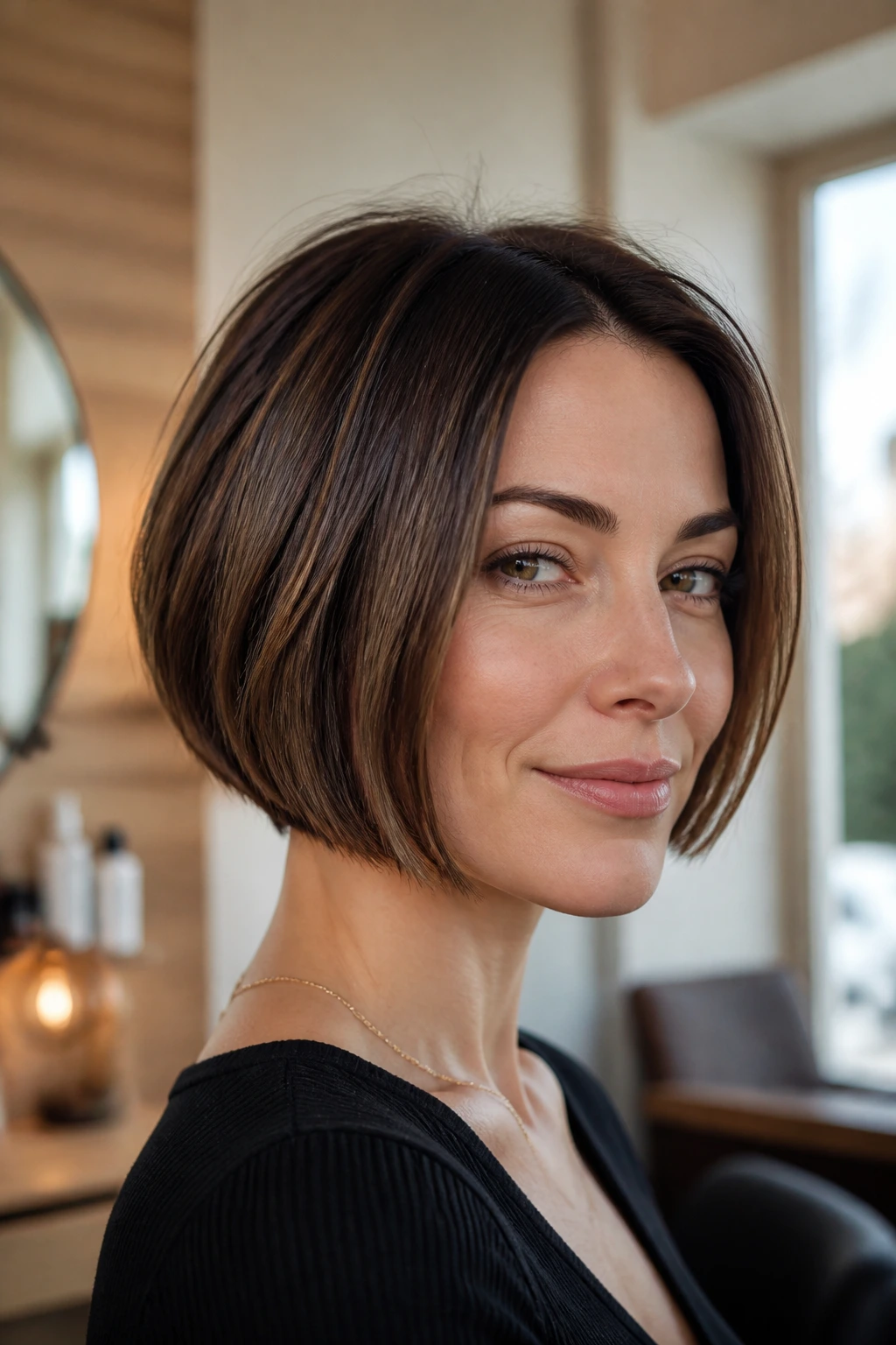 Close-up of a real woman with a chin-length bob and subtle point-cut edge