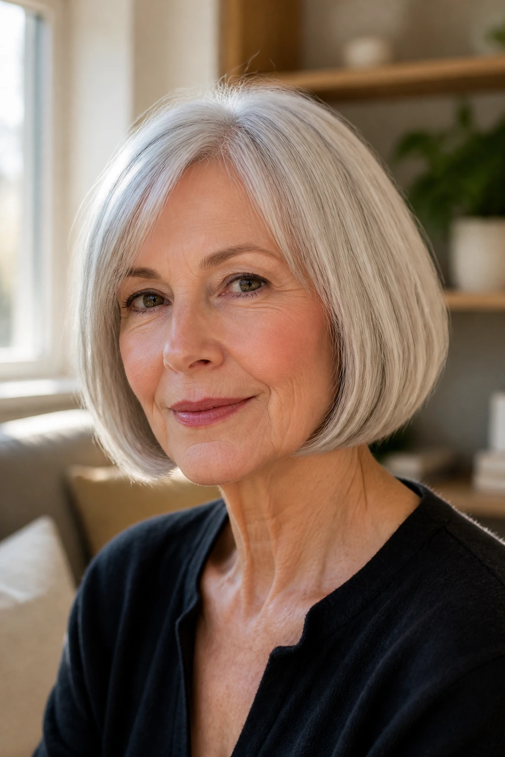 Close-up portrait of a real woman with a chin-length bob at the jawline in warm light.