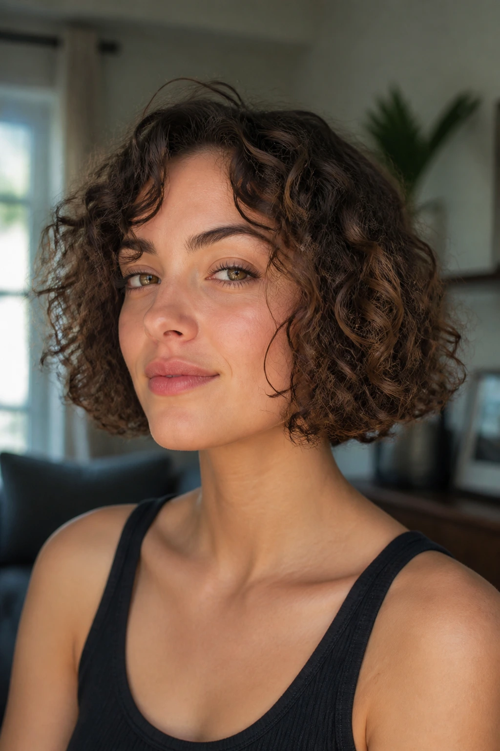 Close-up portrait of a real woman with a chin-length curly bob in soft window light