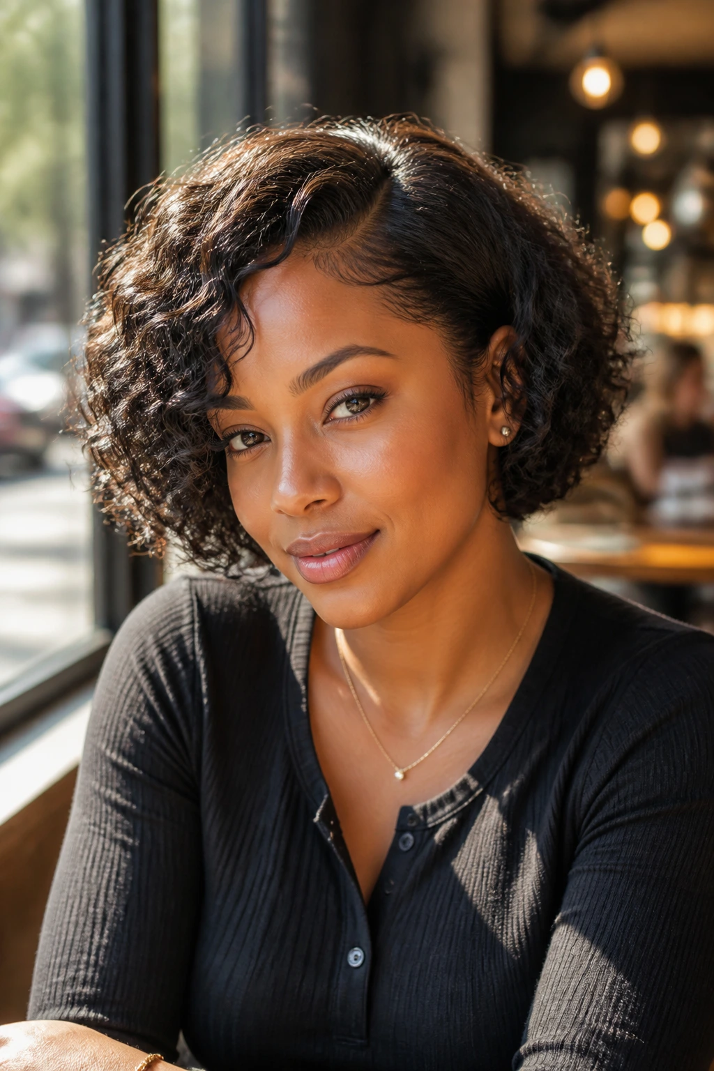 Close-up portrait of a real person wearing a chin-length curly bob with side part in a cafe setting