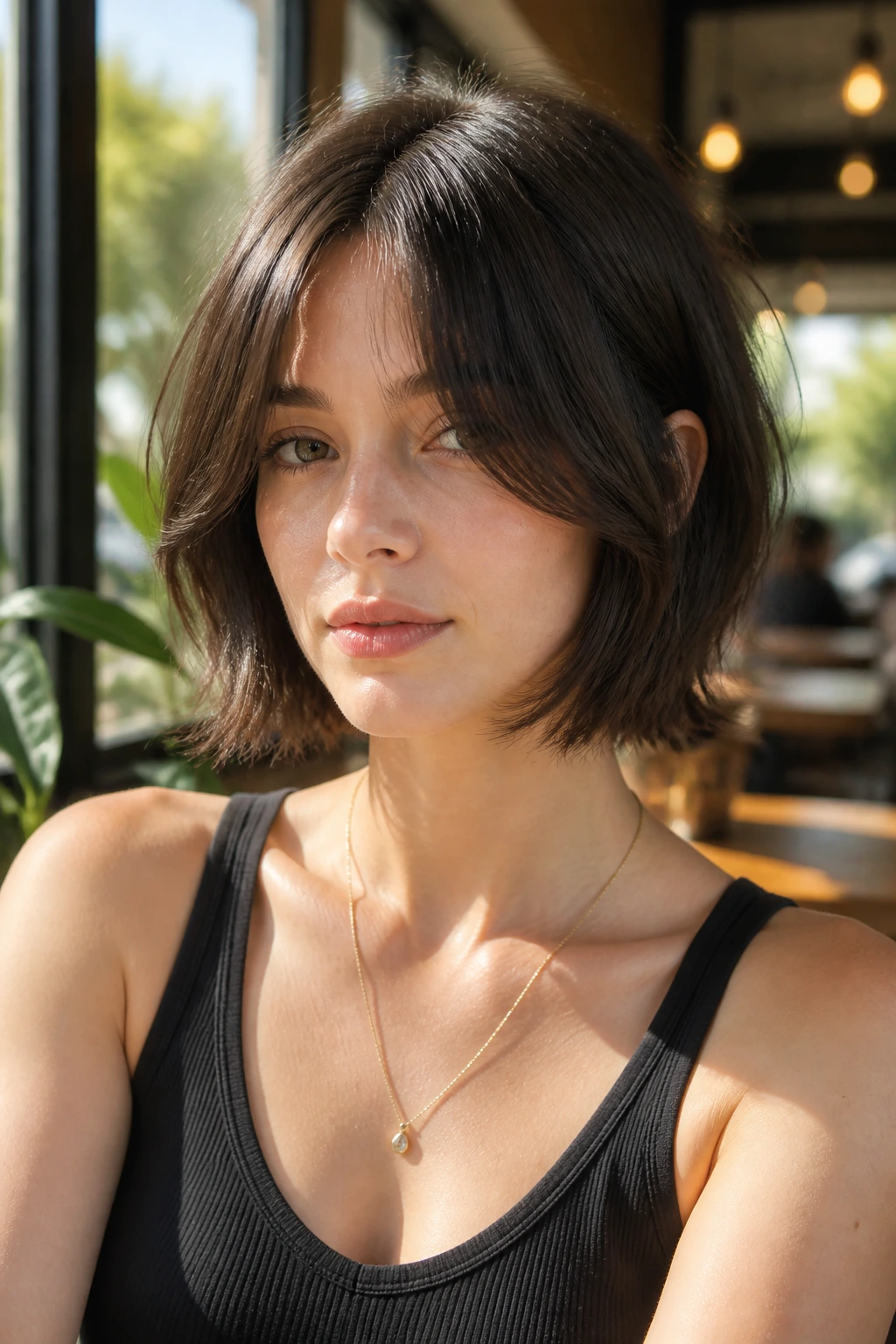 Close-up portrait of a real woman with chin-length wolf cut bob and curtain bangs in sunlit cafe light