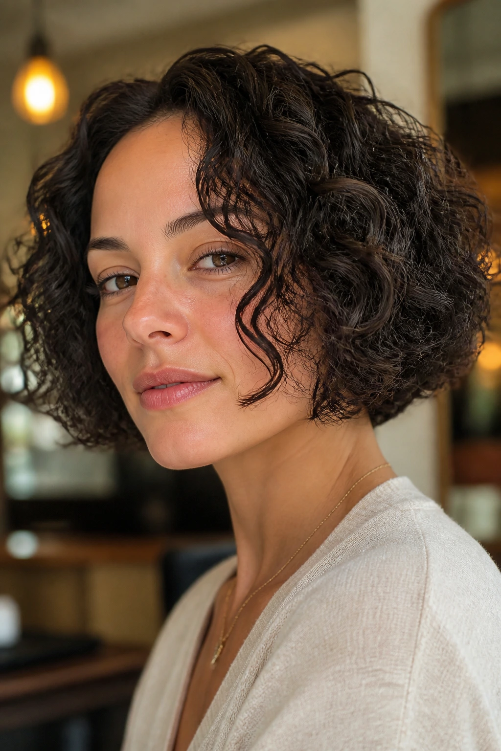 Portrait of a real woman with a chin-length French bob and curved perimeter.
