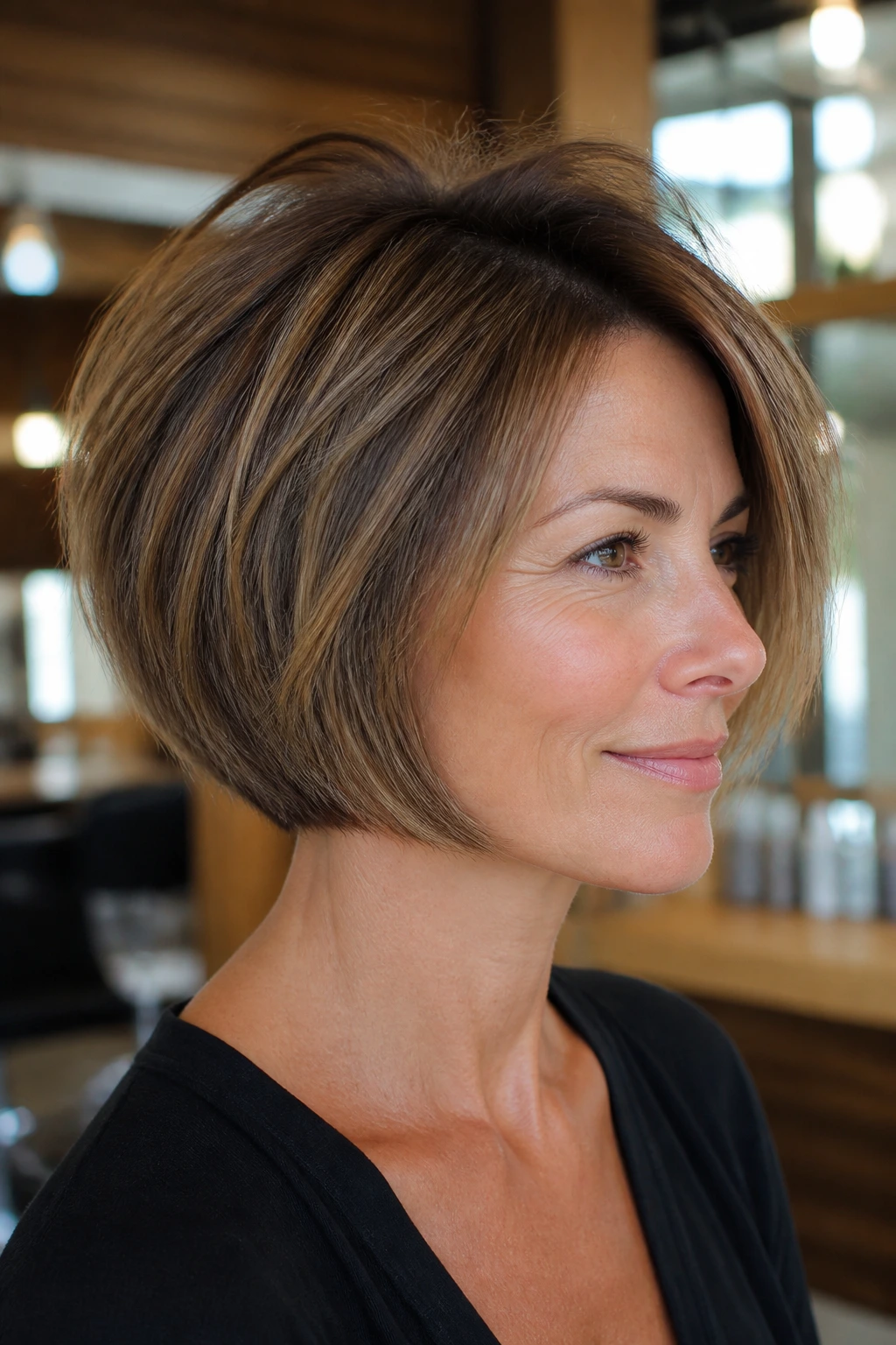 Close-up of a woman with a chin-length layered bob and crown lift in a sunlit salon