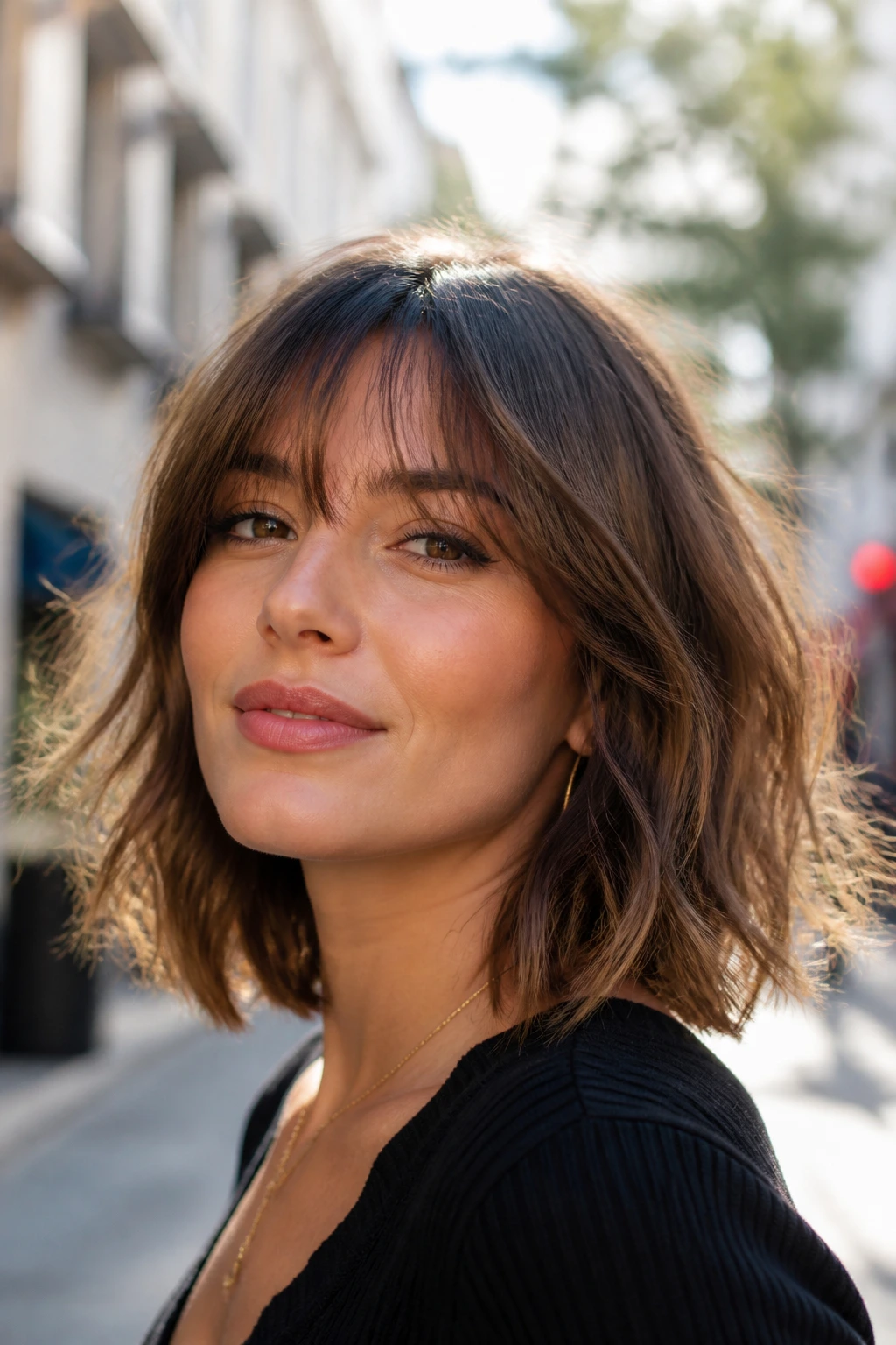 Real woman with a choppy lob and wispy bangs on a sunlit city street.