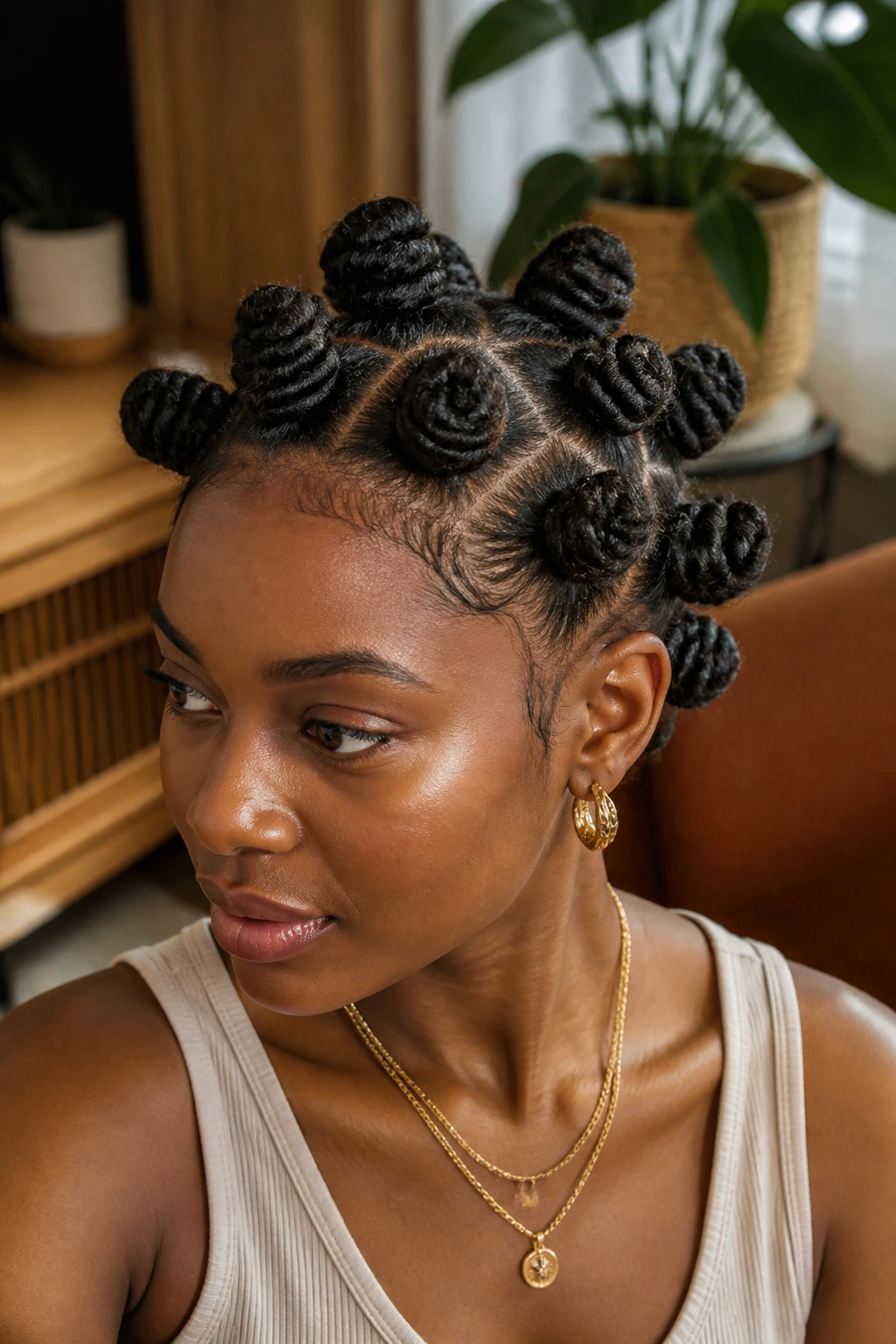 Close-up of a real woman with chunky coily-wrap medium knots.