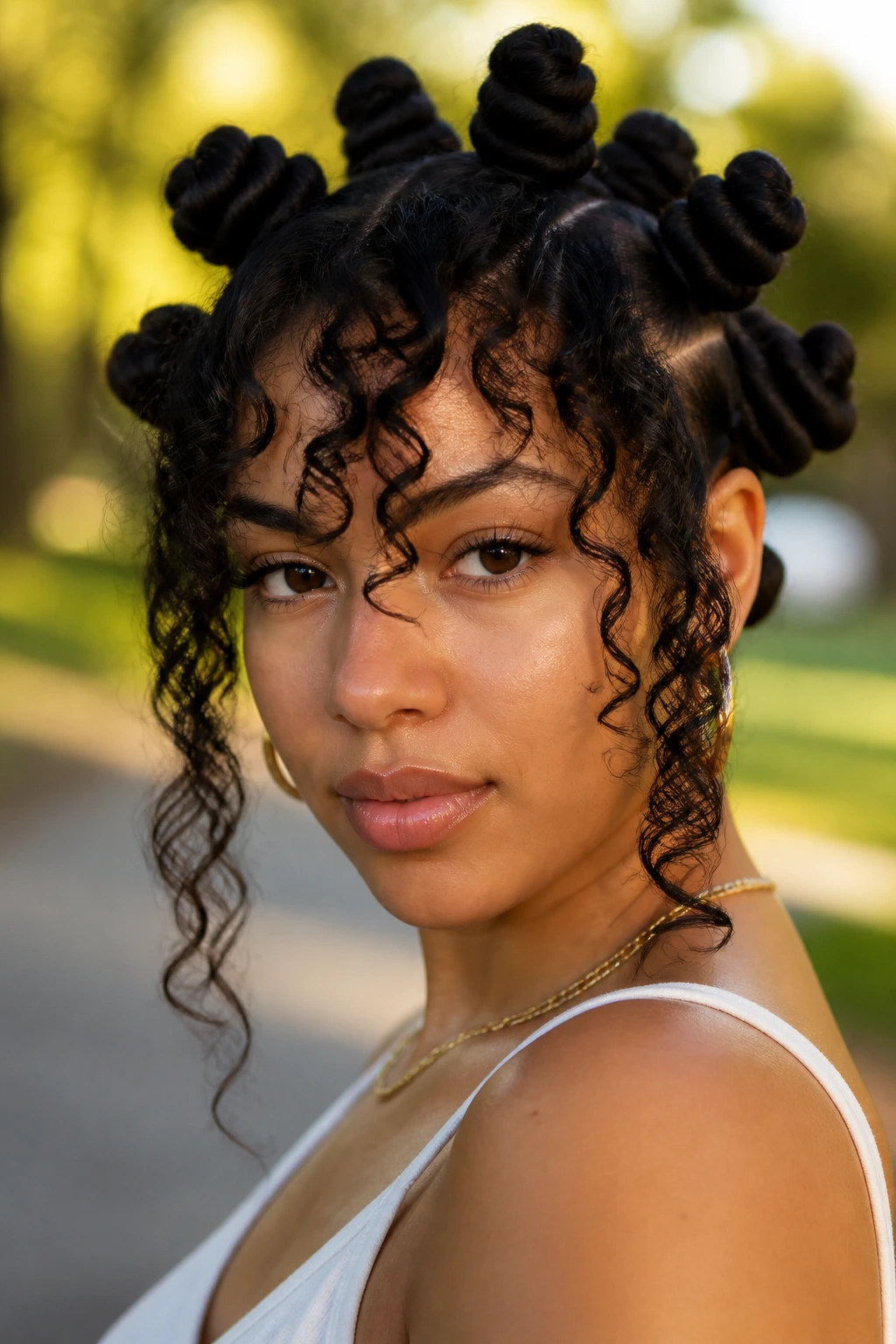 Close-up of a woman with chunky knots and long curly bangs