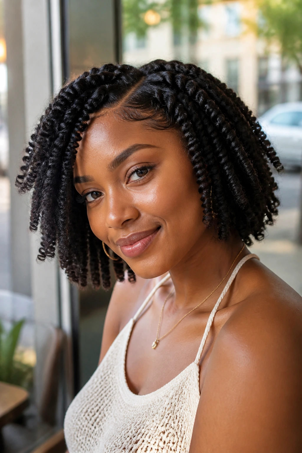 Close-up of a real woman with chunky twist-out resembling a bob