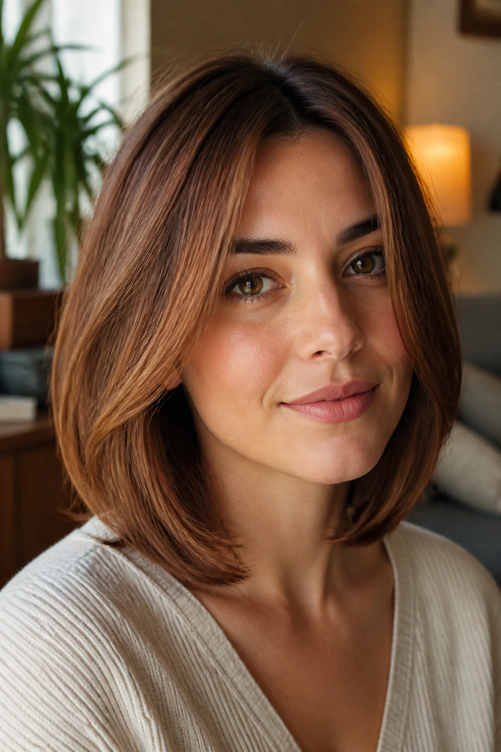 Real woman with cinnamon lob and hidden layers