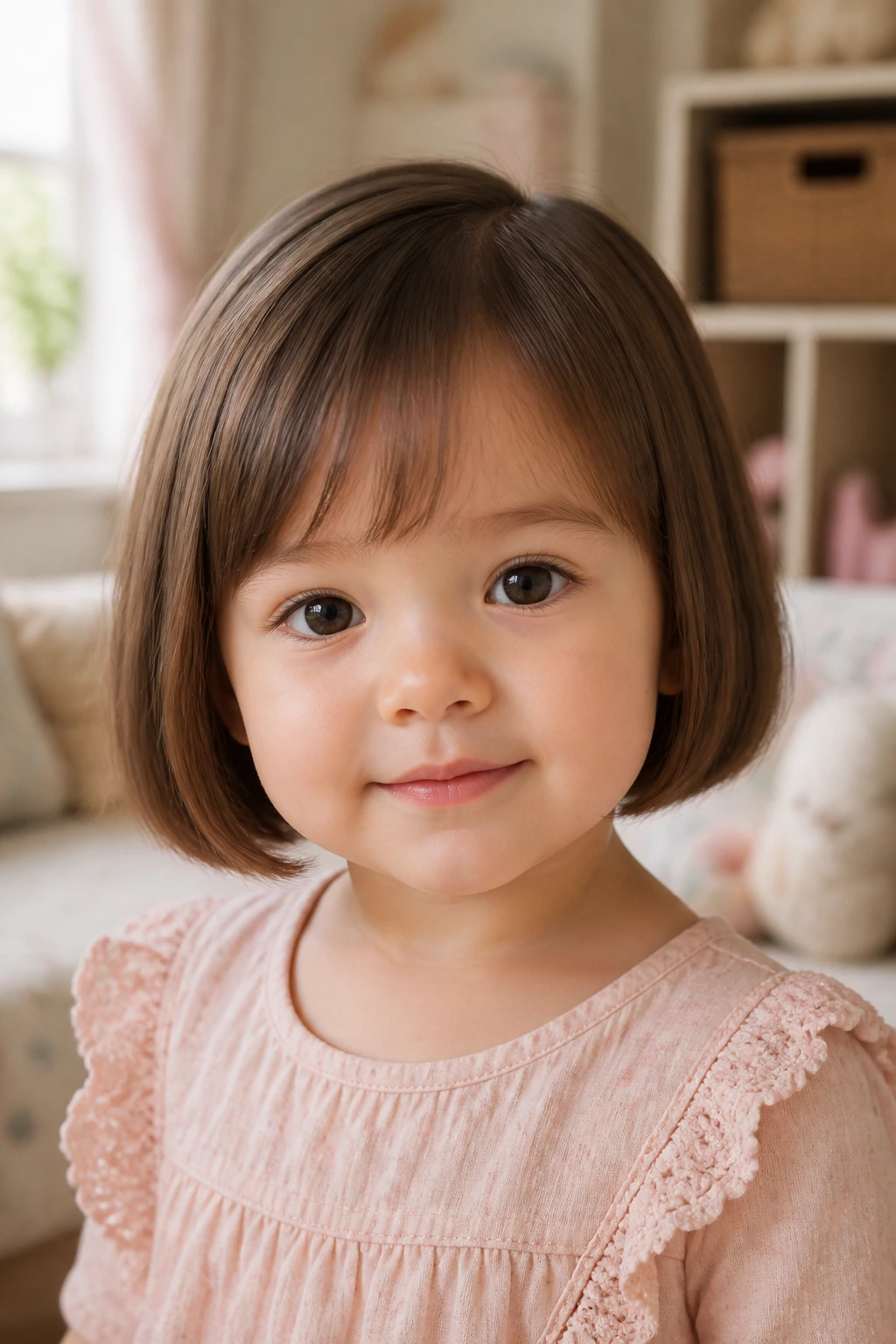 Close-up of a real baby girl with a classic chin-length blunt bob in soft nursery light