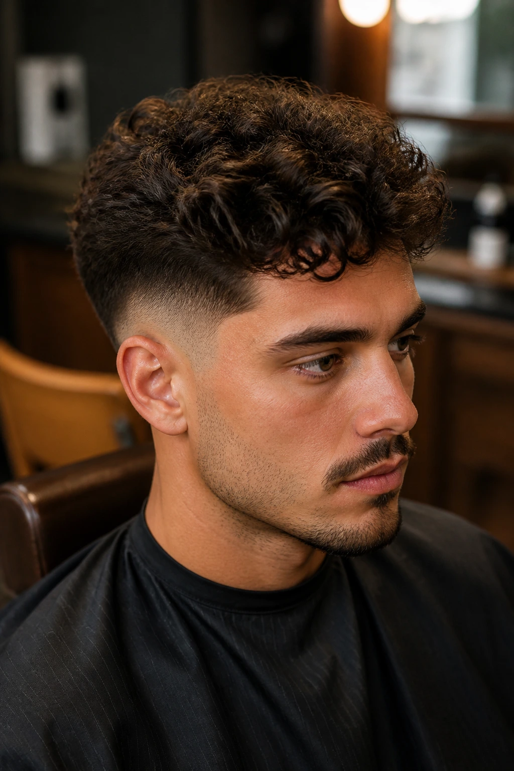 Close-up of a real man with a classic curly undercut and soft disconnect between top curls and clipped sides
