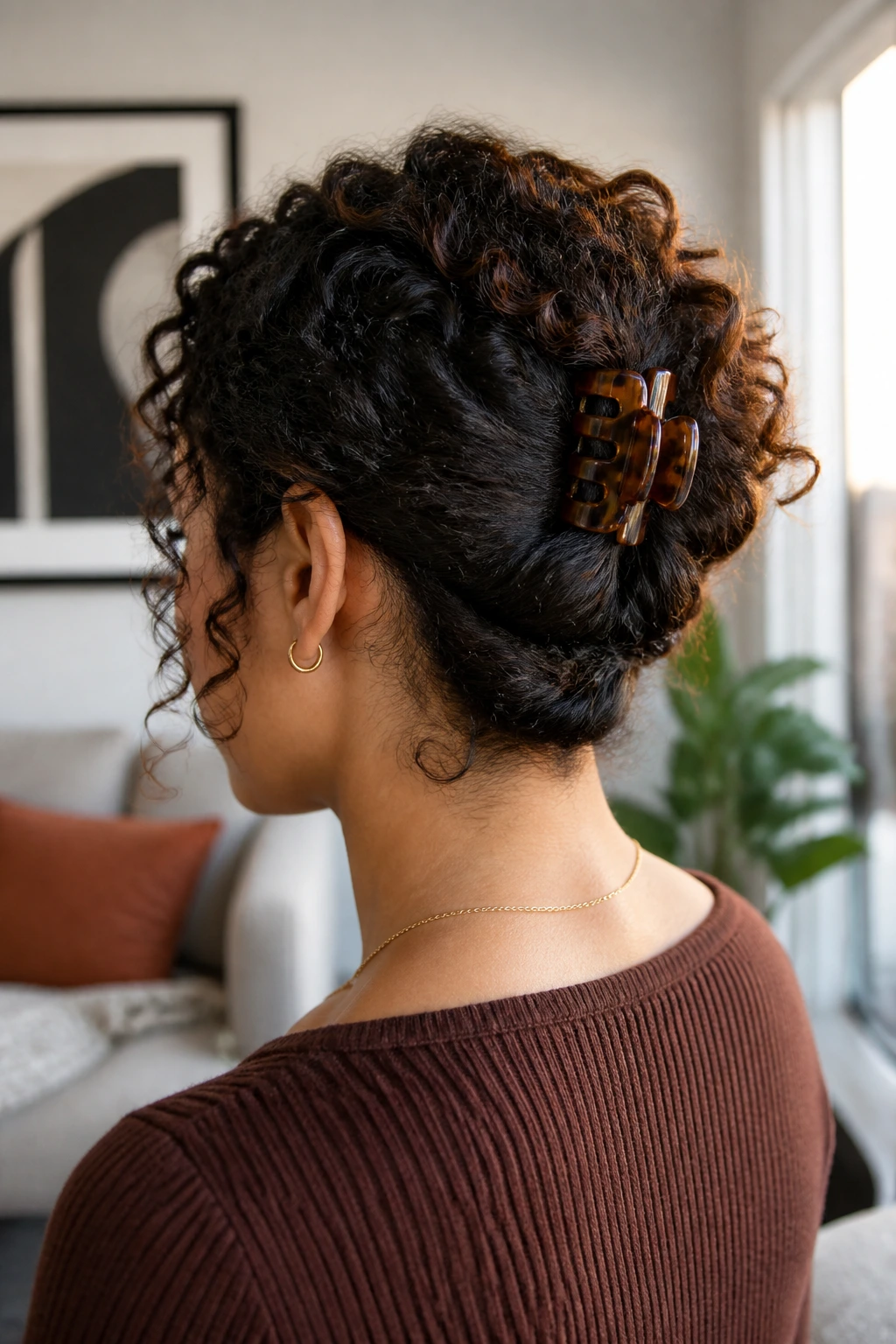 Back view of a real woman with a claw-clip curly updo