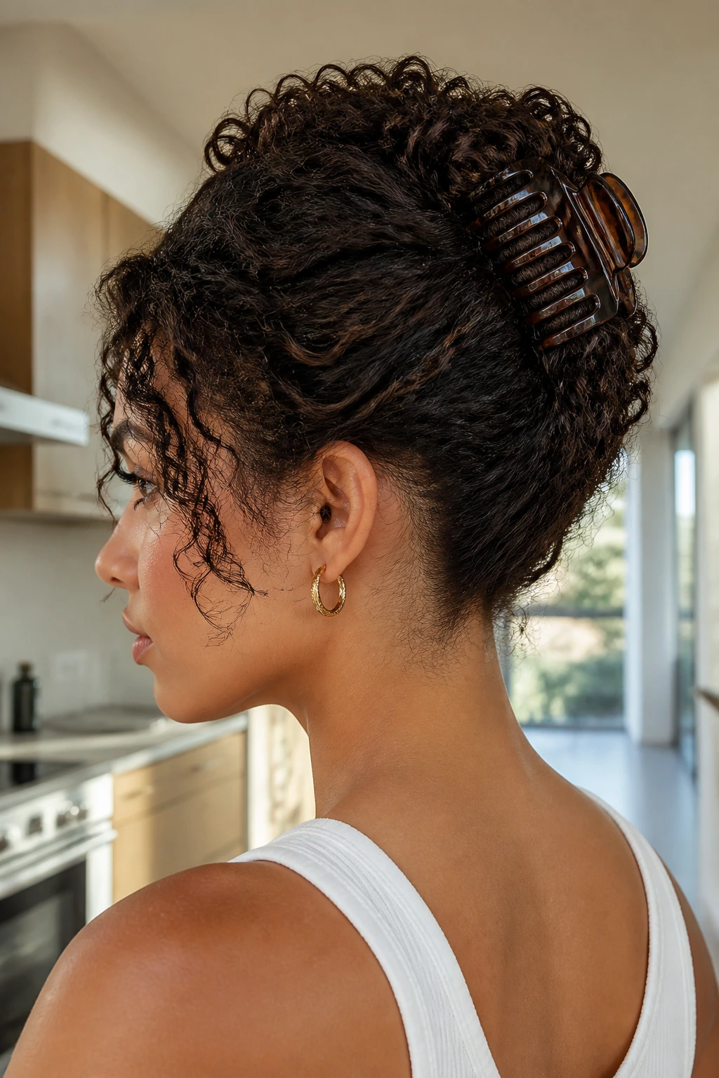 Real woman with a claw-clip French twist secured at the back