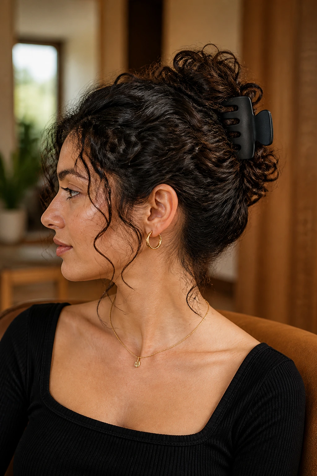 Three-quarter portrait of a woman showing a claw-clip French twist in curly hair.