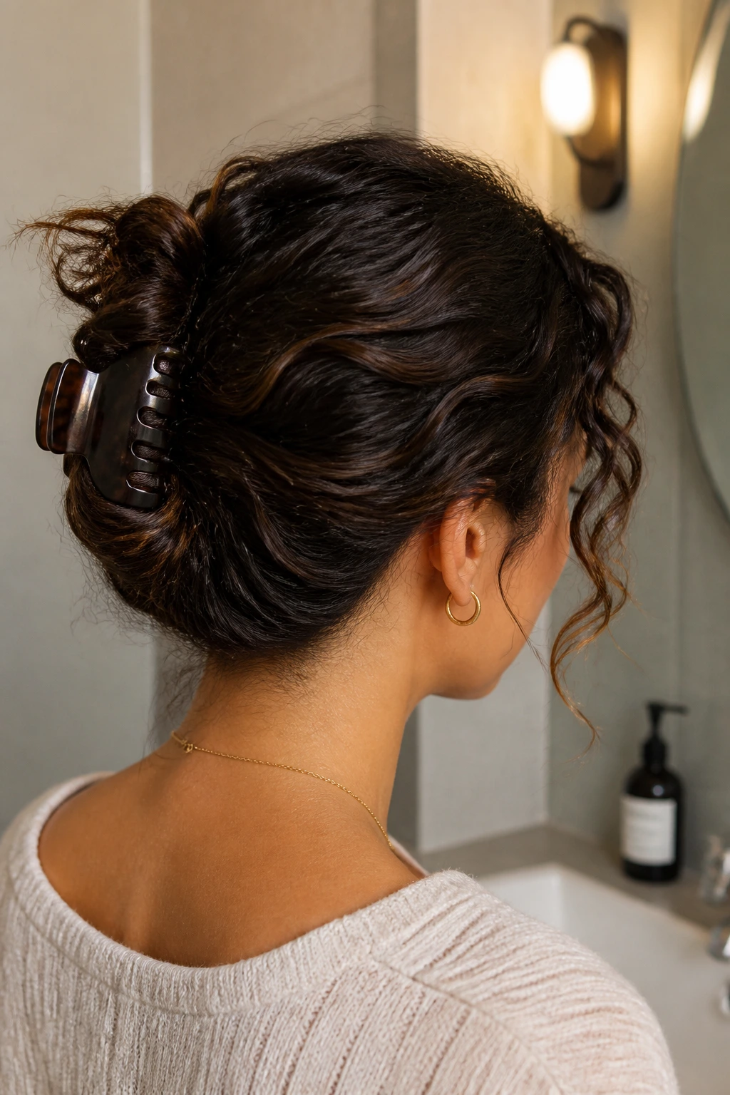 Back/side portrait of a real woman with a claw-clip French twist