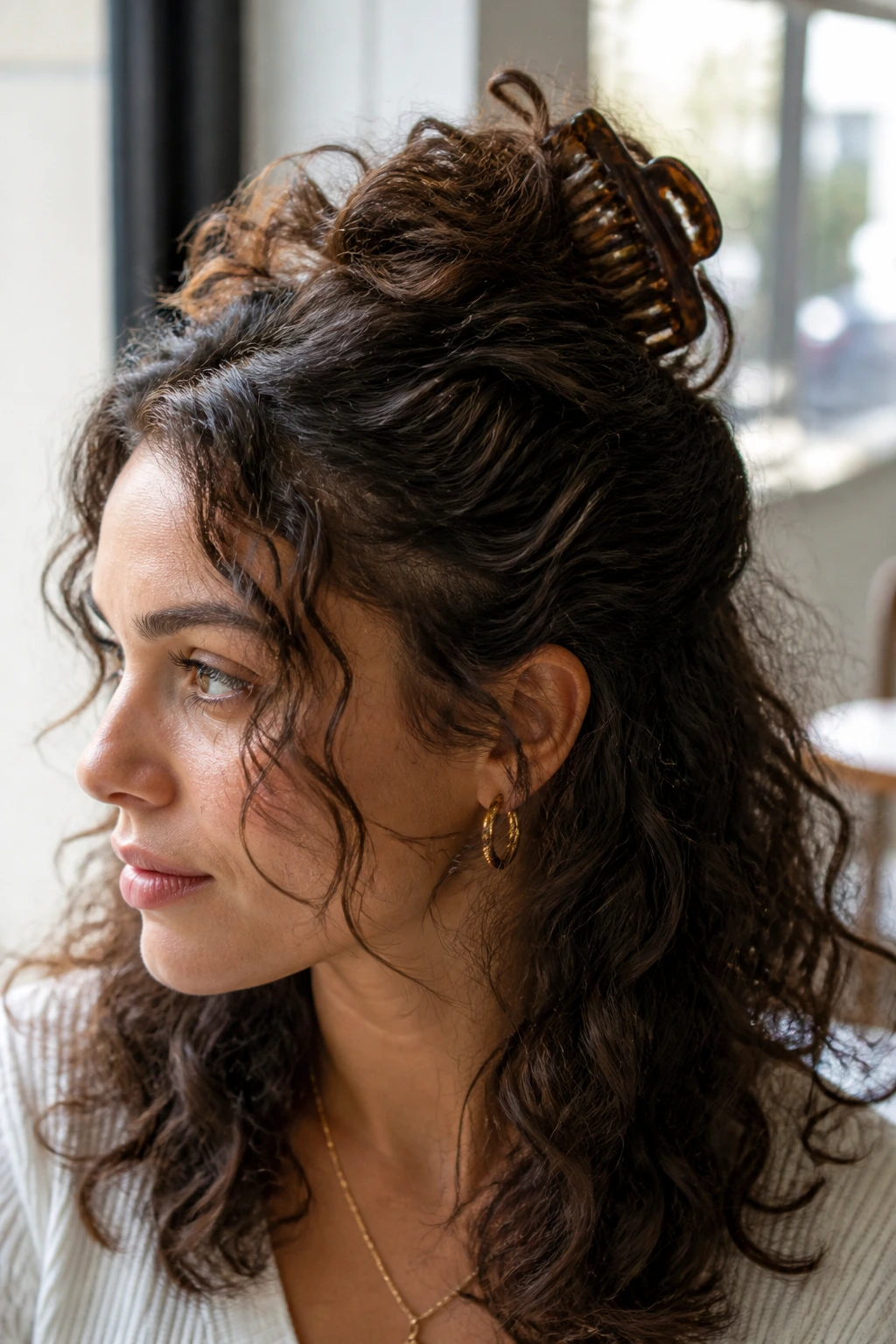 Close-up of a real woman with a half-up hairstyle secured by a claw clip and loose curls below