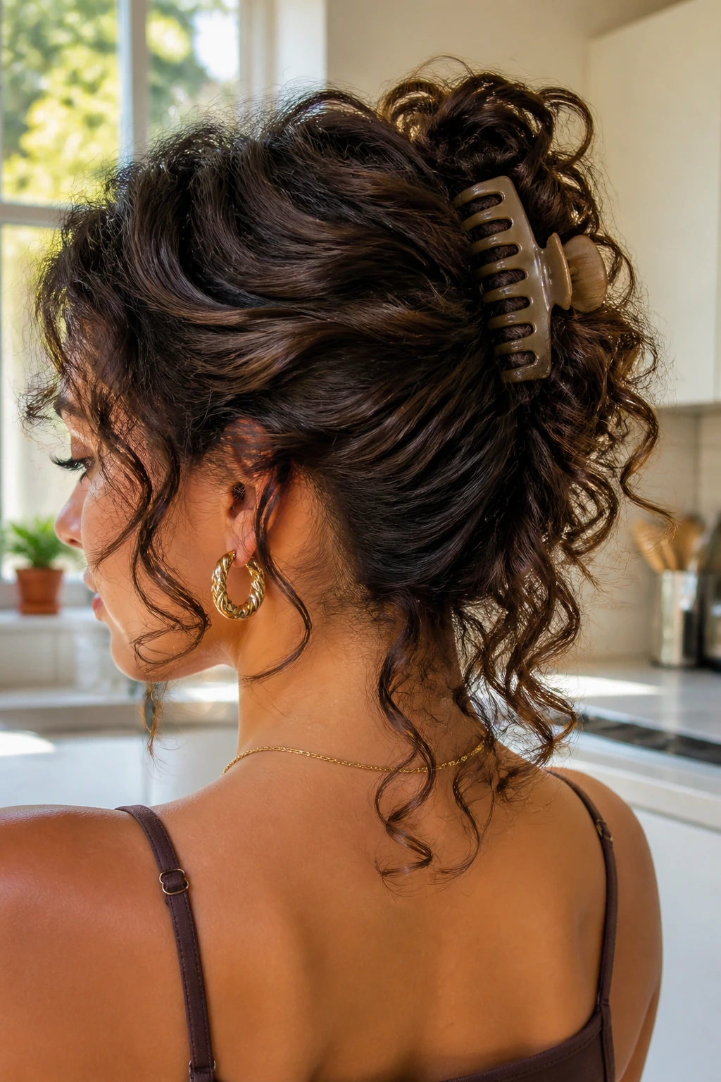 Close-up of a real woman with a claw-clip twist and soft ends