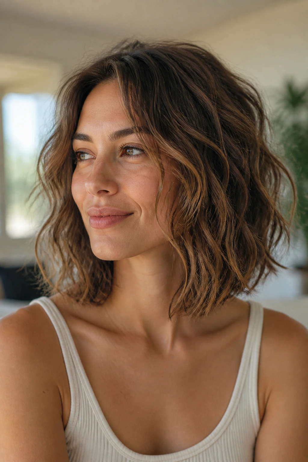Close-up of a real woman with a collarbone-length bob and loose beach waves