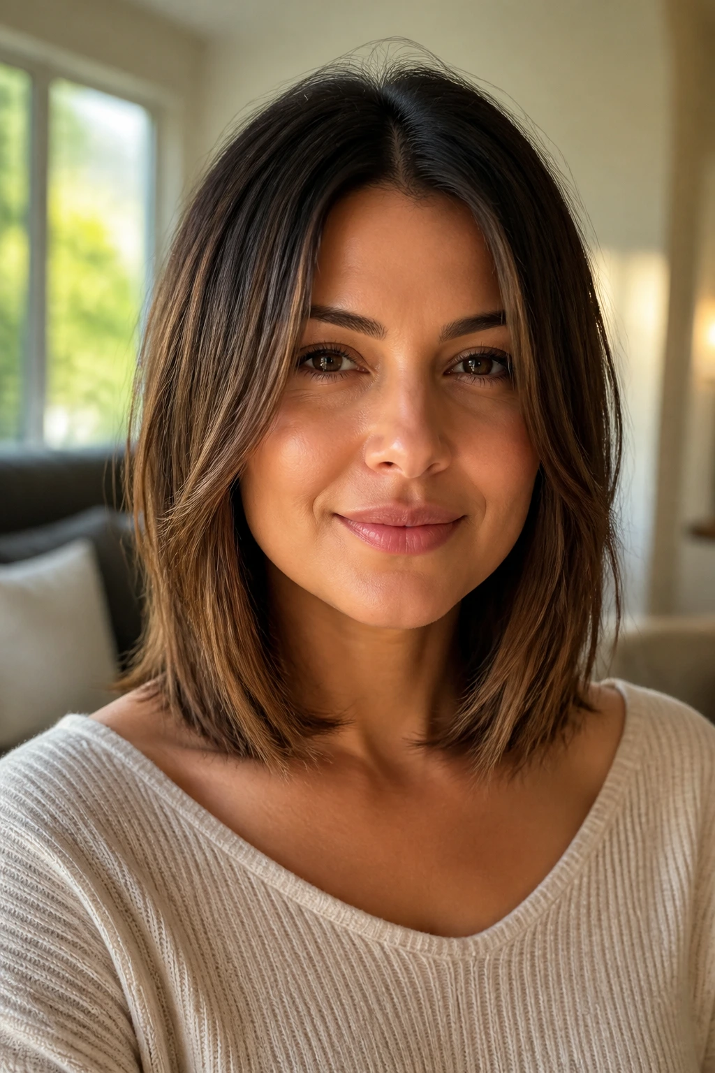 Close-up portrait of a real woman with a collarbone-length bob, center part, and long layers in a warm living room.