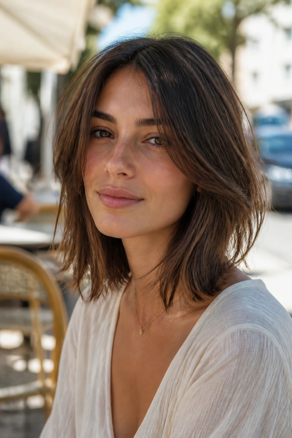 Close-up of a woman with a collarbone-length bob and long layers in outdoor cafe daylight