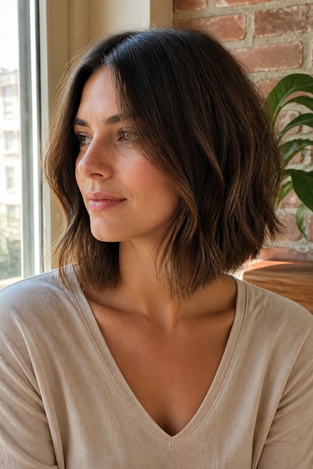Real woman with collarbone-length bob and loose textured ends
