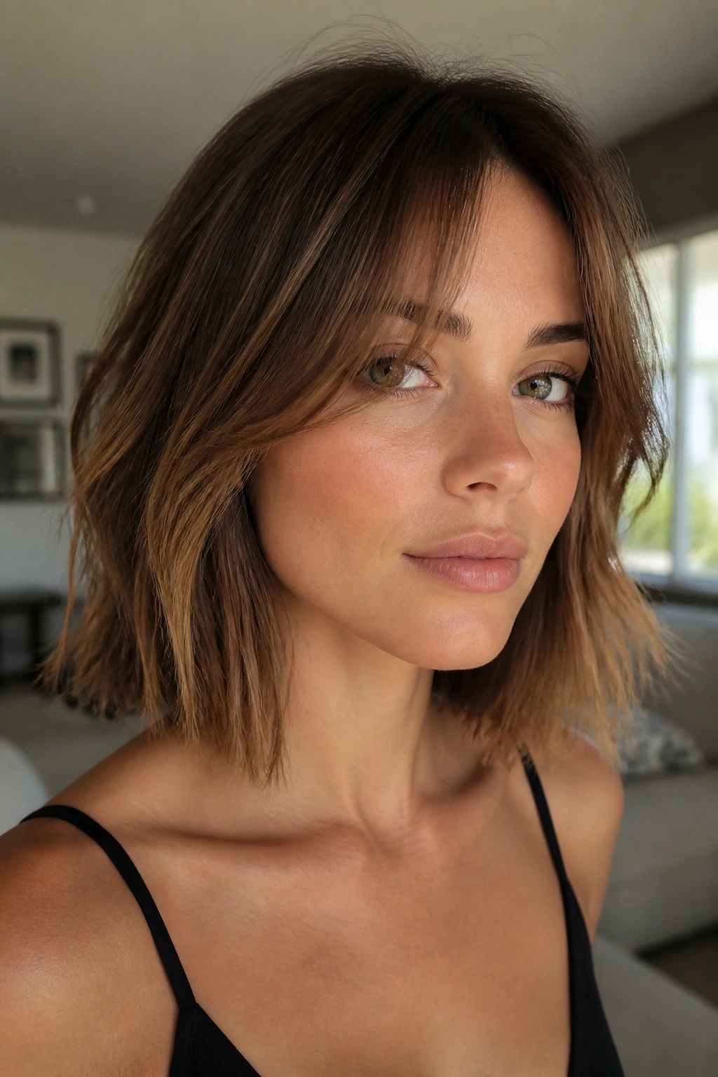 Real woman with collarbone-length bob and wispy curtain bangs in warm daylight