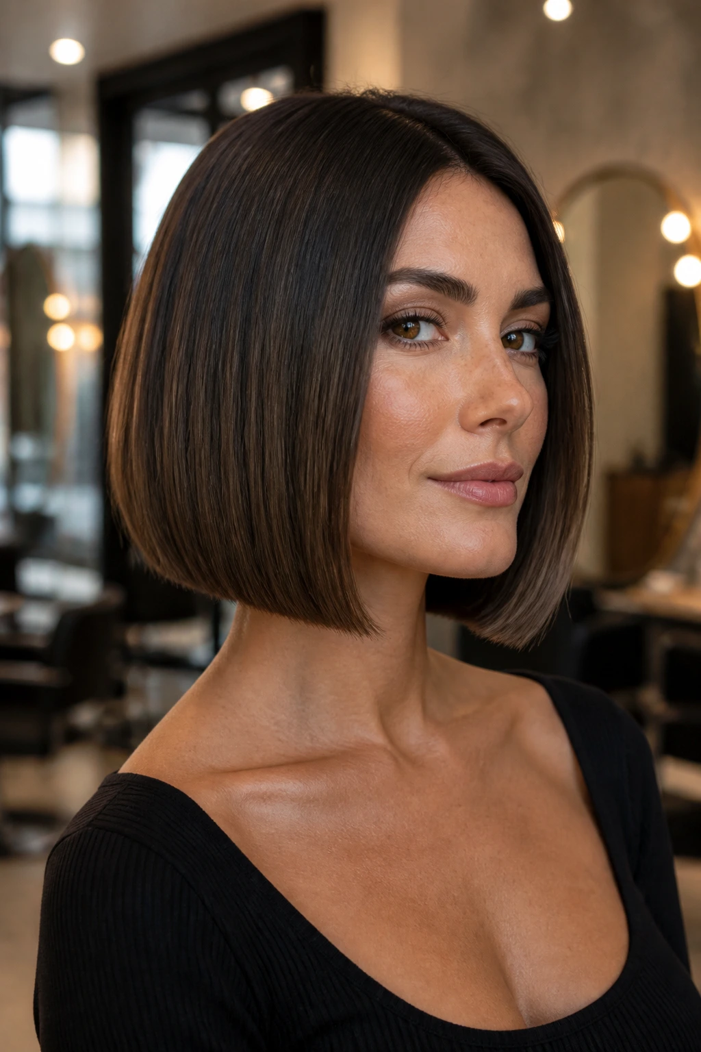 Close-up portrait of a real woman with a collarbone-length carved bob and razor-clean ends