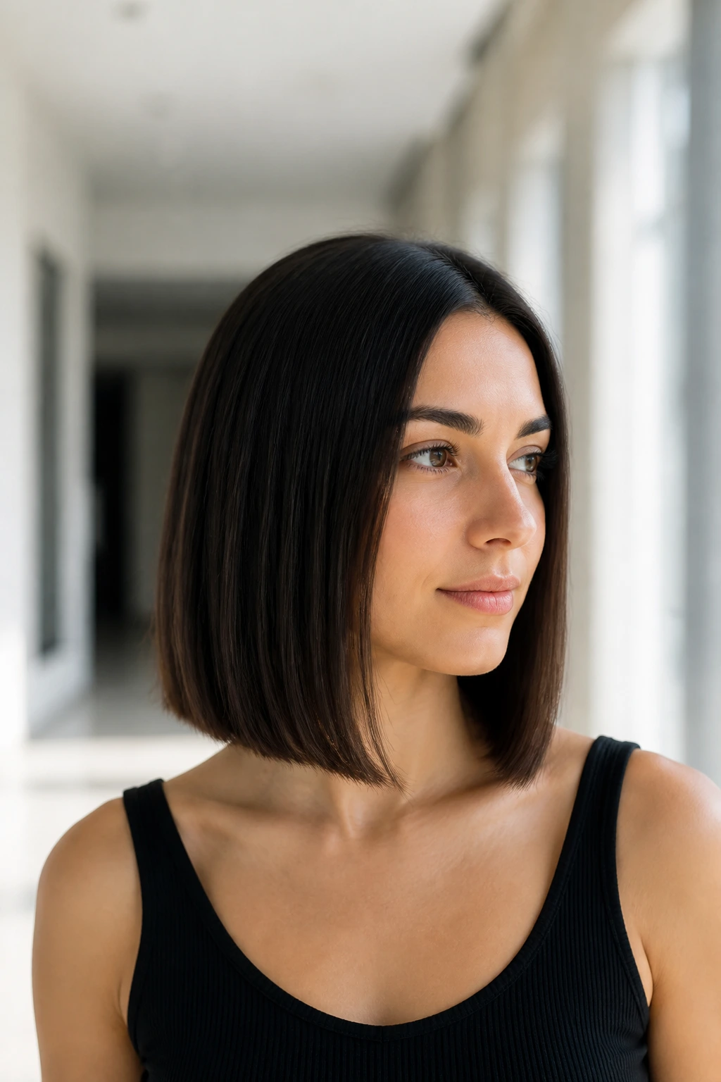 Portrait of a real woman wearing a collarbone-length bob