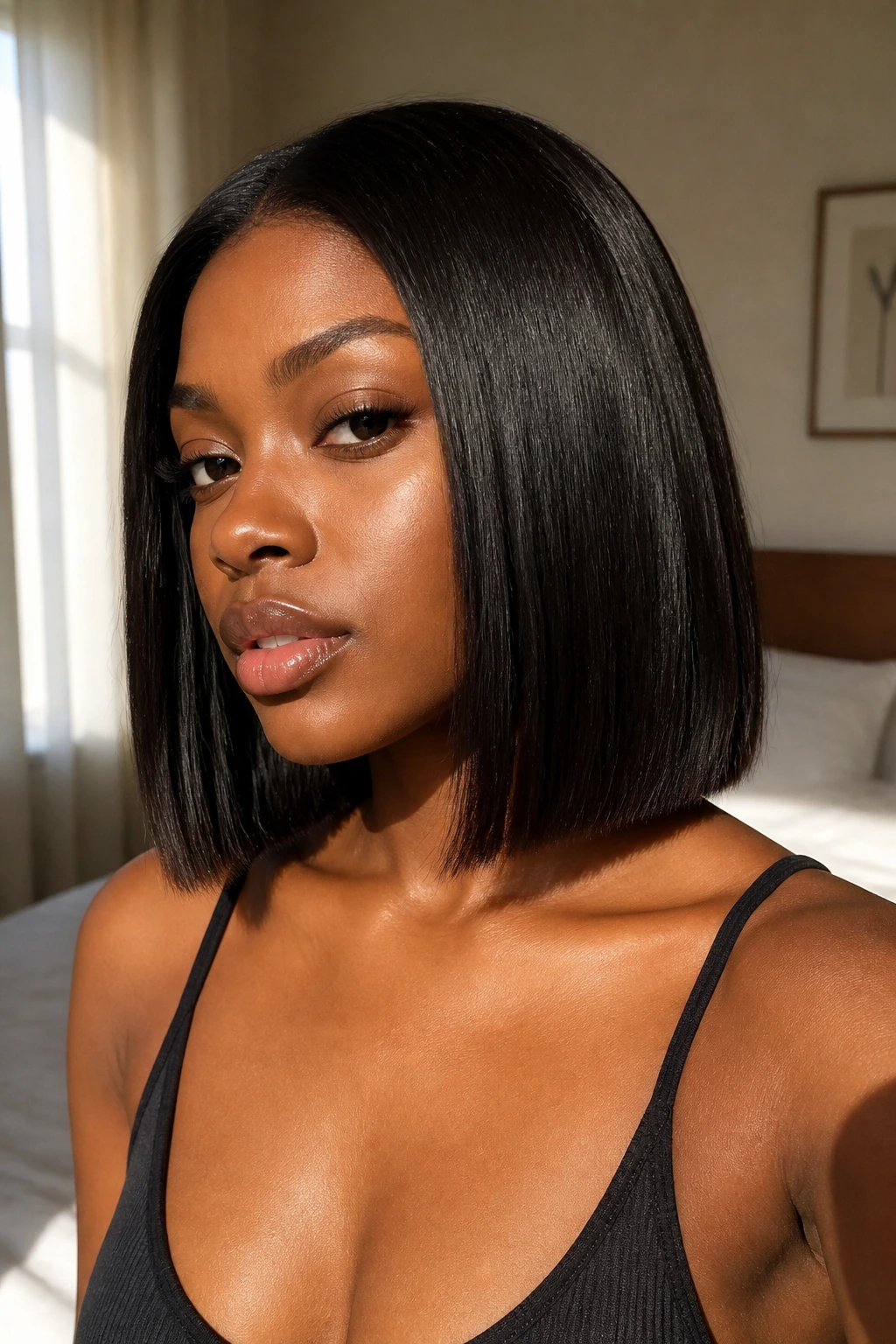 Close-up of a real Black woman with collarbone-length blunt-ended lob in sunlit light