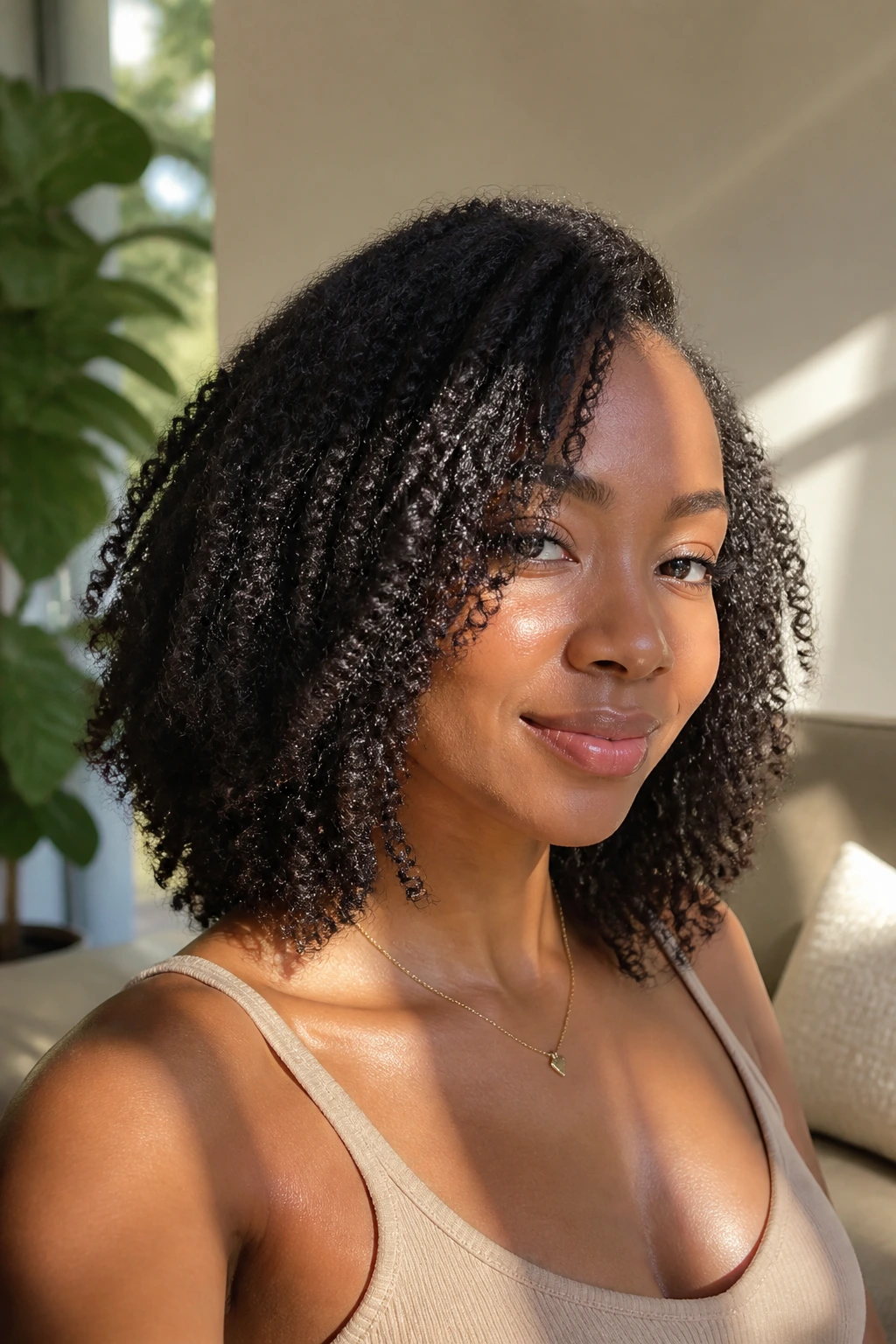 Close-up portrait of a real woman with a collarbone-length lob