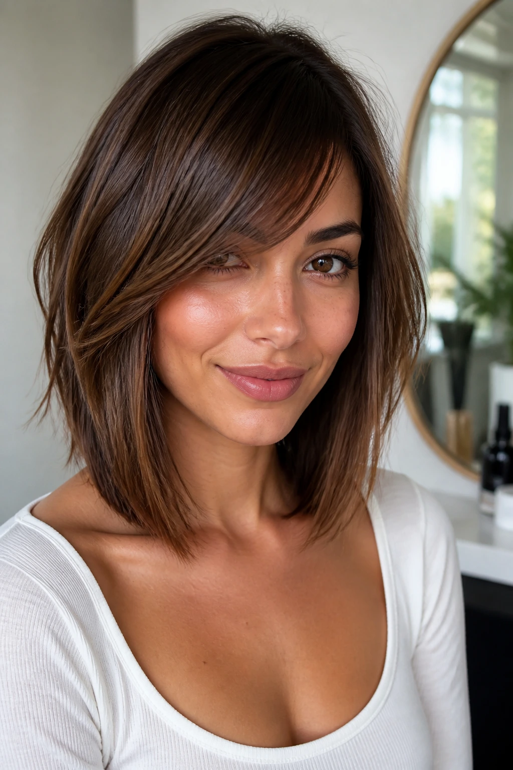 Real woman with collarbone-length lob and side-swept bangs in bright vanity area.
