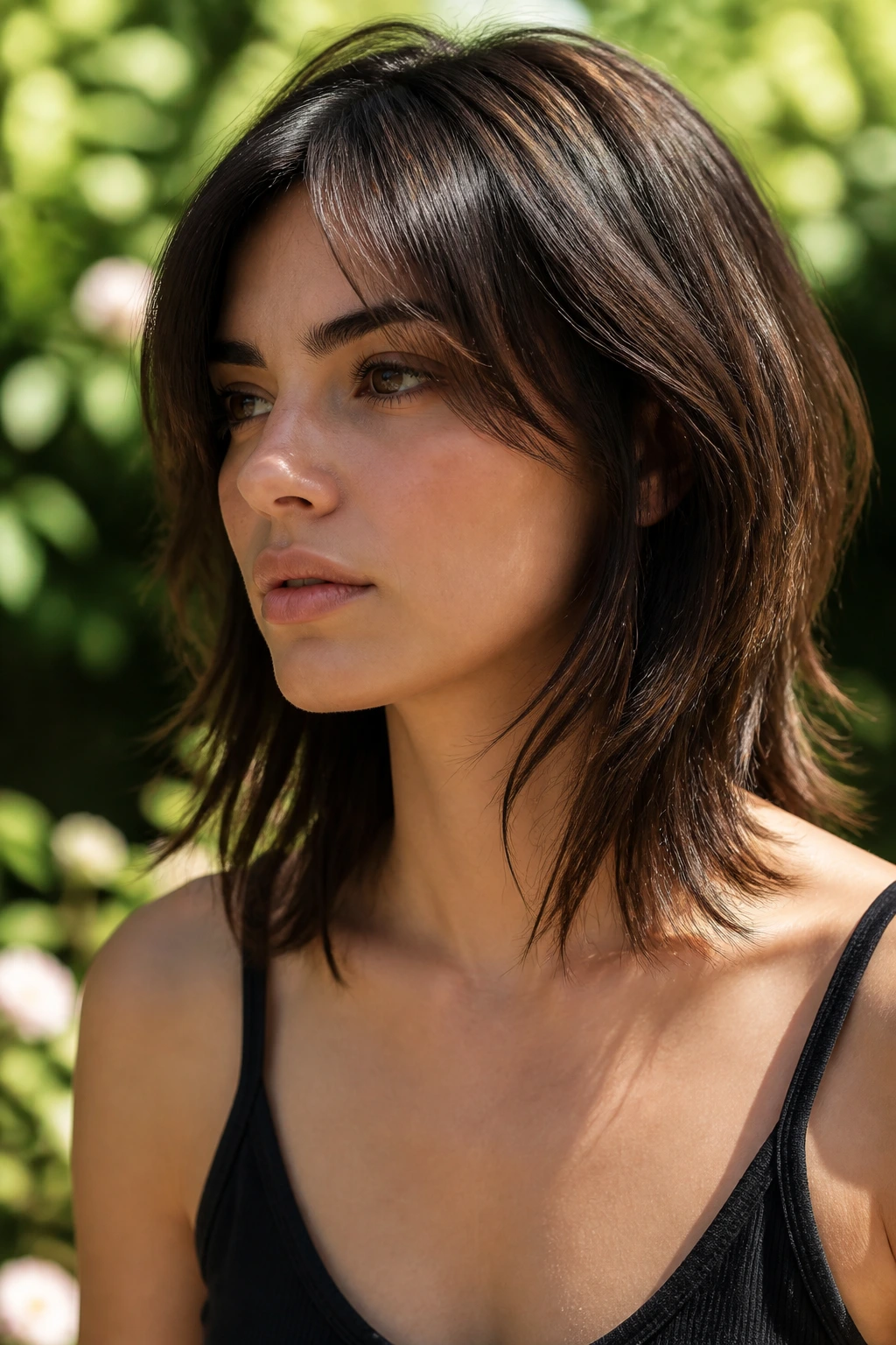 Close-up portrait of real woman with collarbone-grazing wolf cut bob in garden light