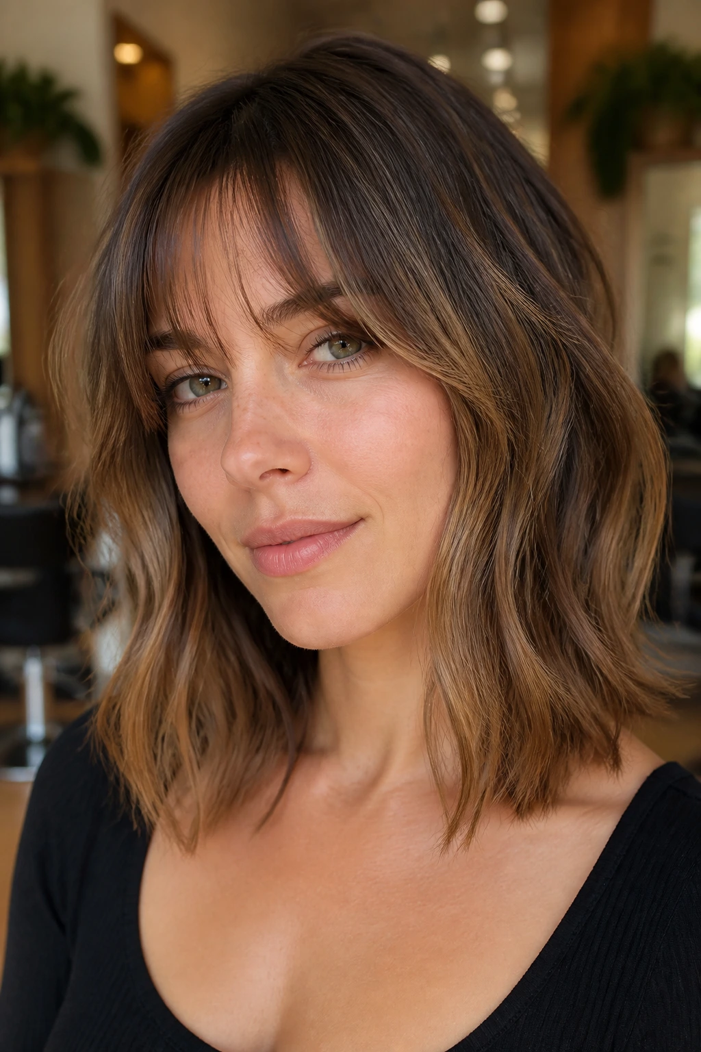 Close-up portrait of a real woman with collarbone razor lob and blended bangs in a sunlit salon
