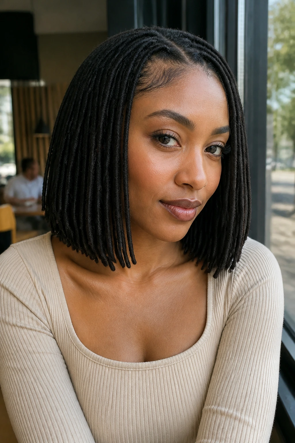 Close-up of a real person with collarbone-skimming loc bob in natural daylight.