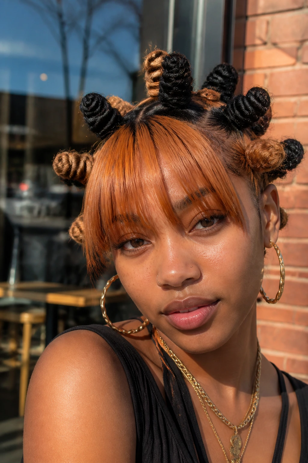 Two-Tone Color Block Knots With Copper Bangs close-up