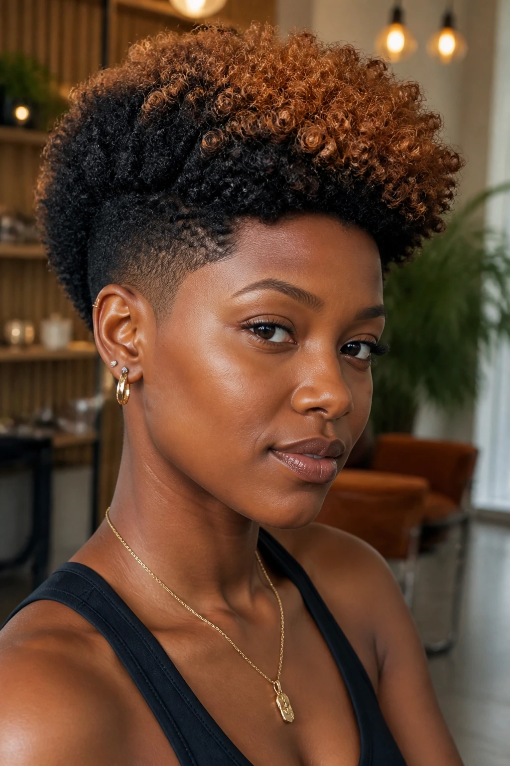 Close-up portrait of a real person with color-blocked tapered Afro for 4C hair