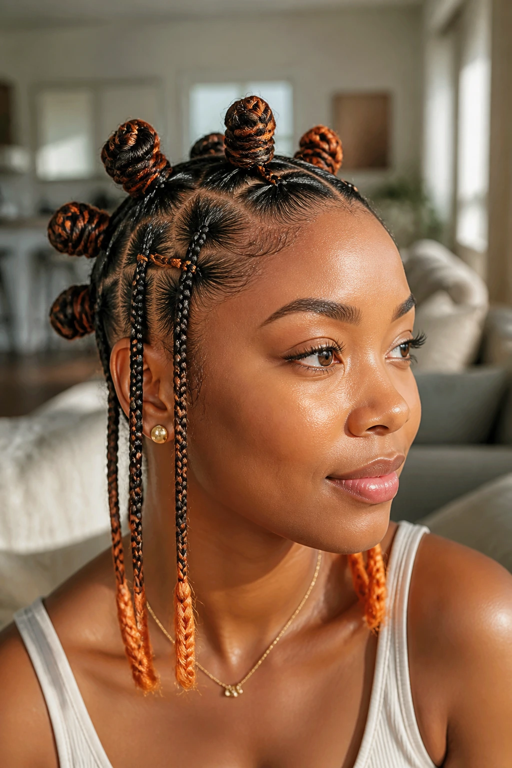Close-up of color-tipped braids feeding into knots on real person